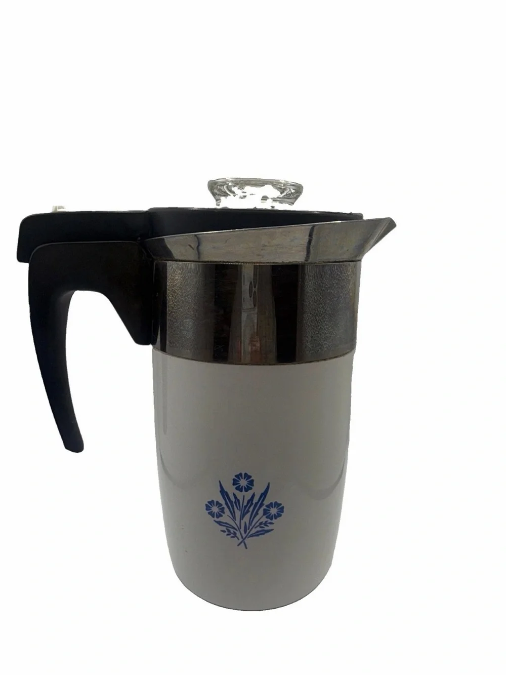 Corningware White Percolator with Blue Floral Design and Black Handle